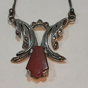 Vintage Art Deco Style Carnelian Sterling Silver Necklace
